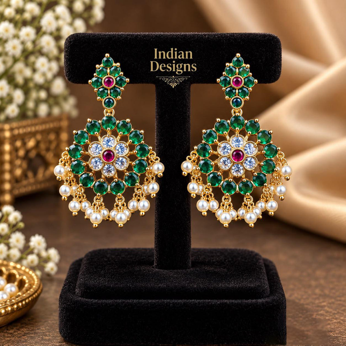 Indian Chandbali Earrings| Kemp Stone Floral Jhumka Earrings| Ruby Green Gold tone Bridal Jewelry| Traditional South Indian Temple Earrings