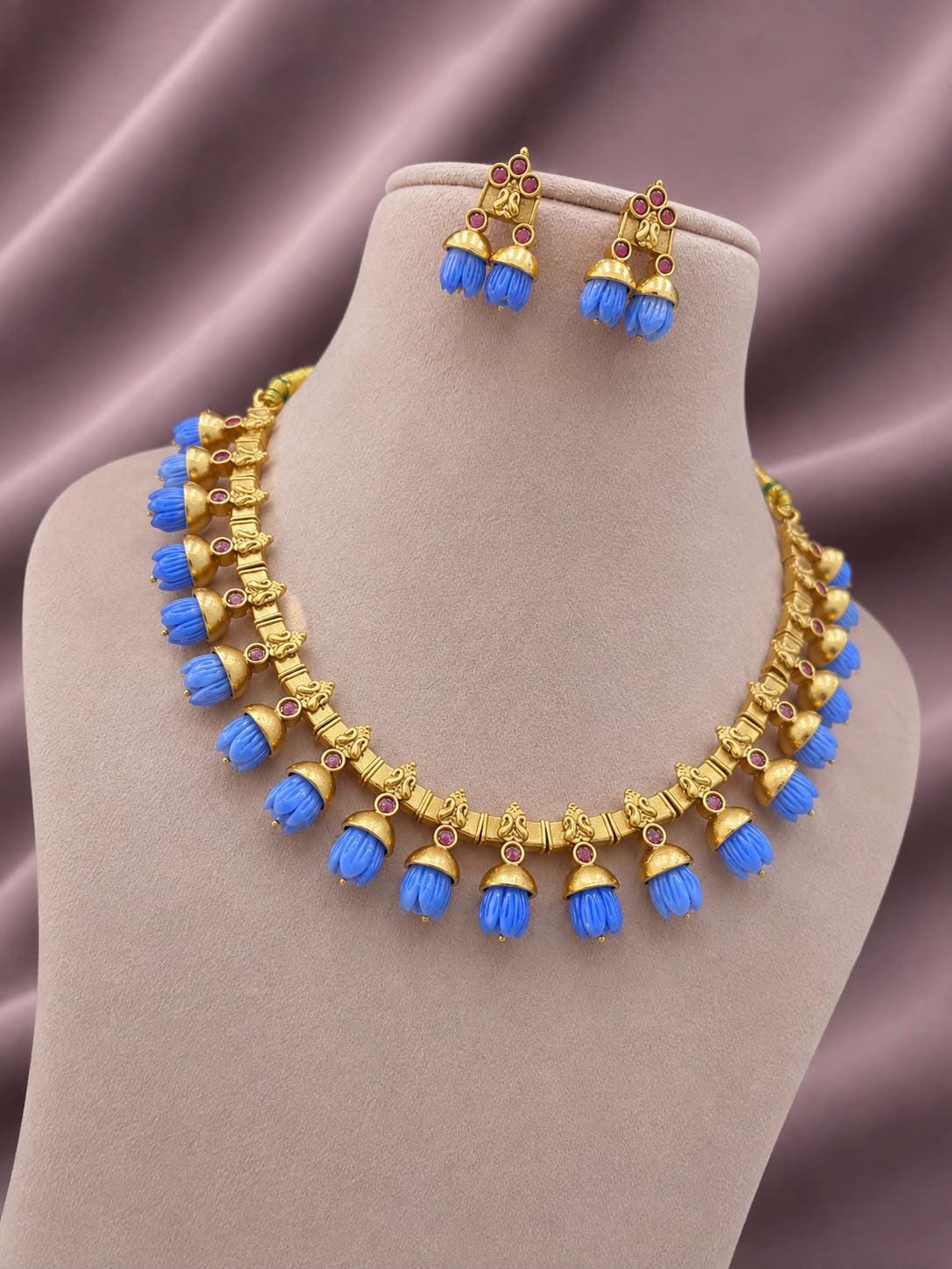 Indian Temple Necklace Set| Matte Gold Carved Tulip Flower Choker Earrings| South Indian Bridal Festive Jewelry| Traditional Ethnic Wear