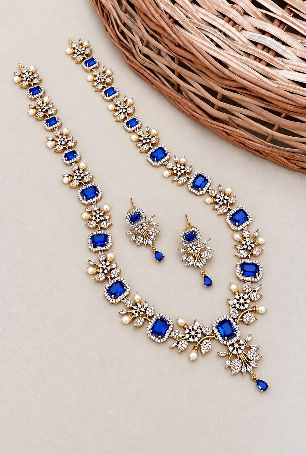 Indian CZ Long Necklace Set| South Indian Gold Tone Haram with Earrings| Bridal Temple Jewelry| Emerald Ruby AD stone Wedding Statement Haar