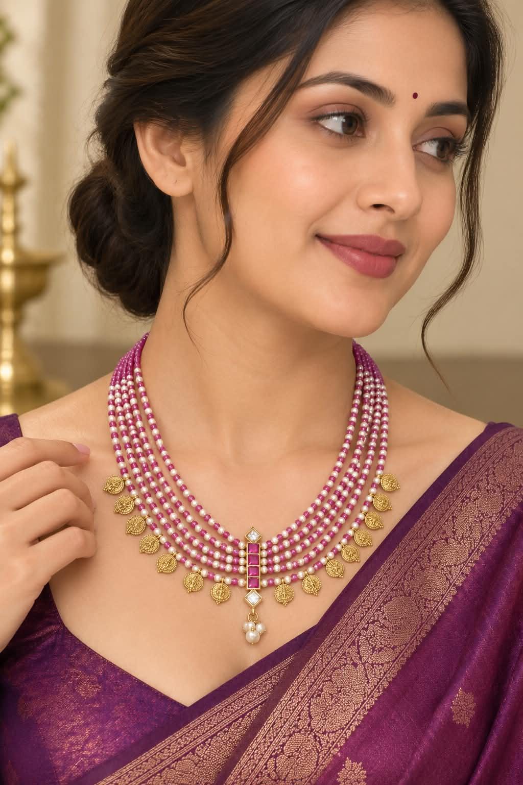 Indian Pearl Beaded Necklace| South Indian Temple Coin Kasu Mala| Gold Tone Ruby Pink Stone Layered Choker| Traditional Wedding Jewelry