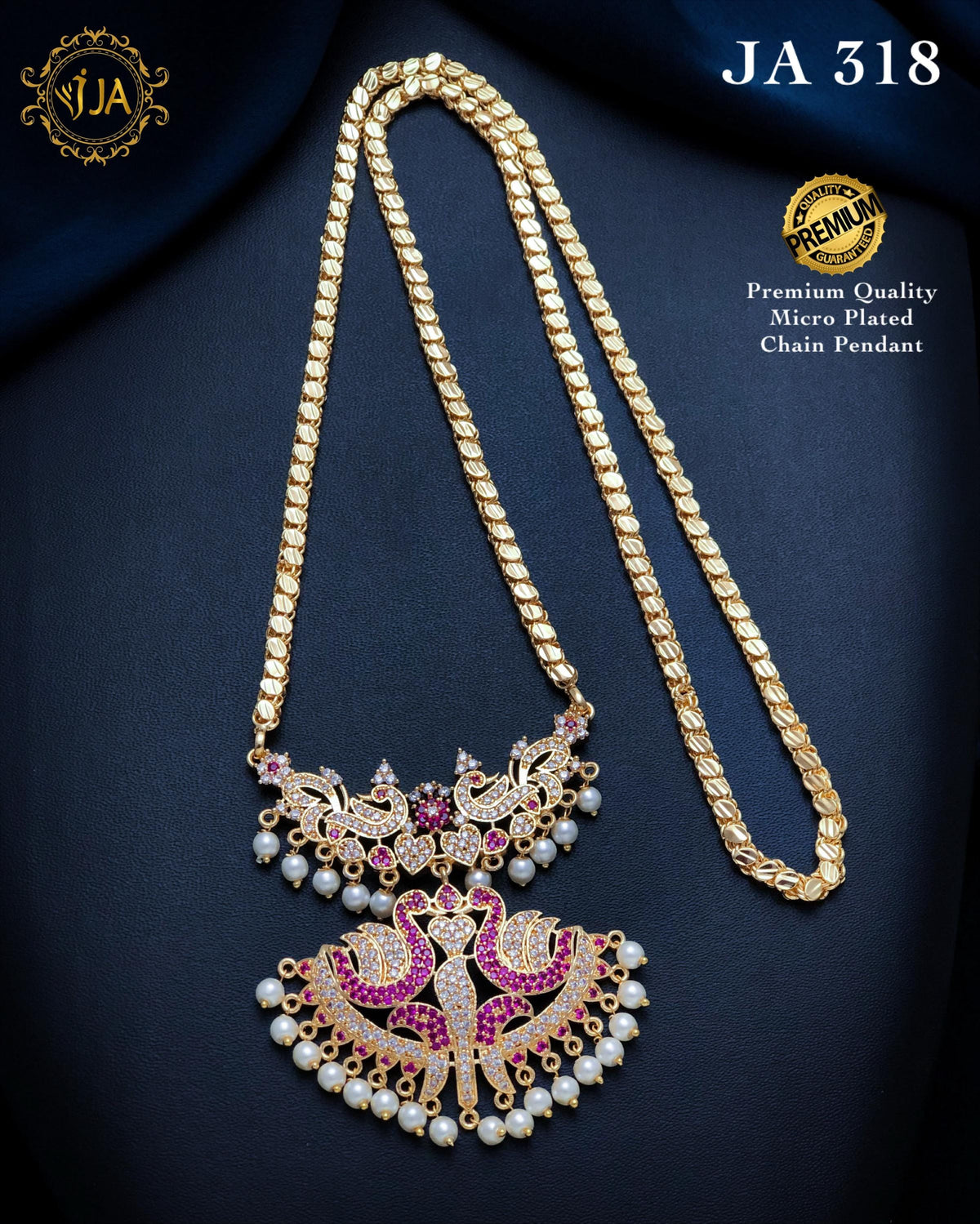 Indian Long Chain Necklace| South Indian Peacock Pendant Haram| Gold Tone Ruby Emerald CZ Temple Jewelry| Wedding Jewelry Gift for her