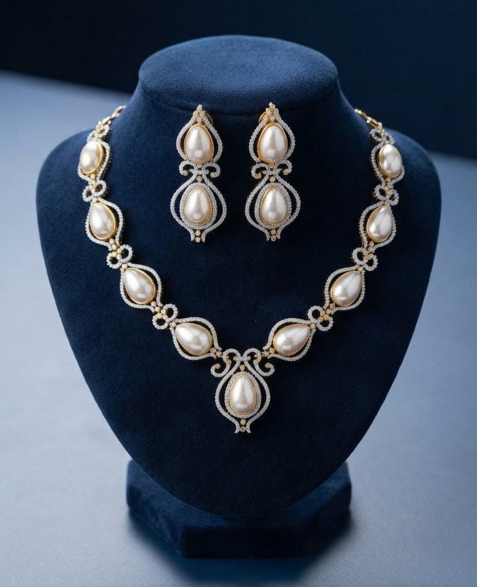 Indian Necklace Set with Pearl Drops| Dual Tone CZ Crystal Bridal Jewelry| Bollywood Wedding Party Choker & Drop Earrings| Gift for her