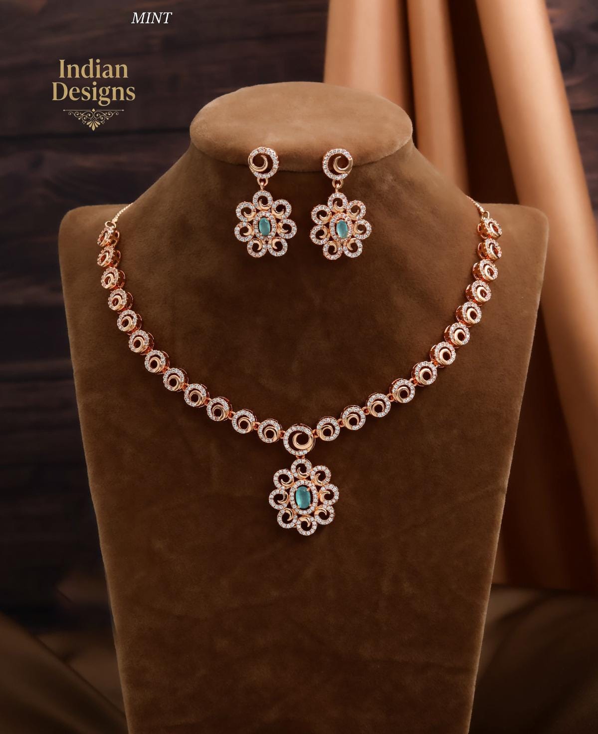 Rose Gold Tone AD Floral Pendant Necklace & Earrings| Indian CZ Necklace Set| Western Wedding Guest Jewelry| Festive Party Wear|Gift for her