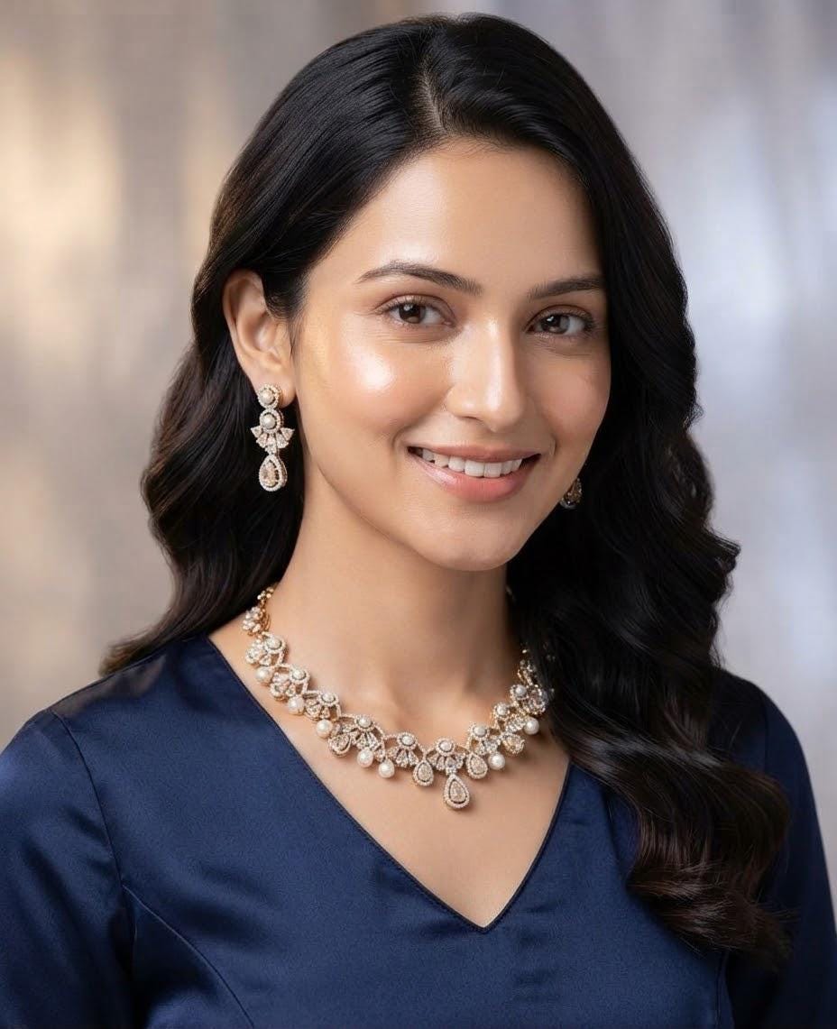 CZ Pearl Choker Necklace with Earrings| Indian Necklace Set| Bridal Jewelry| ad jewelry set| wedding guest jewelry| Gift for her