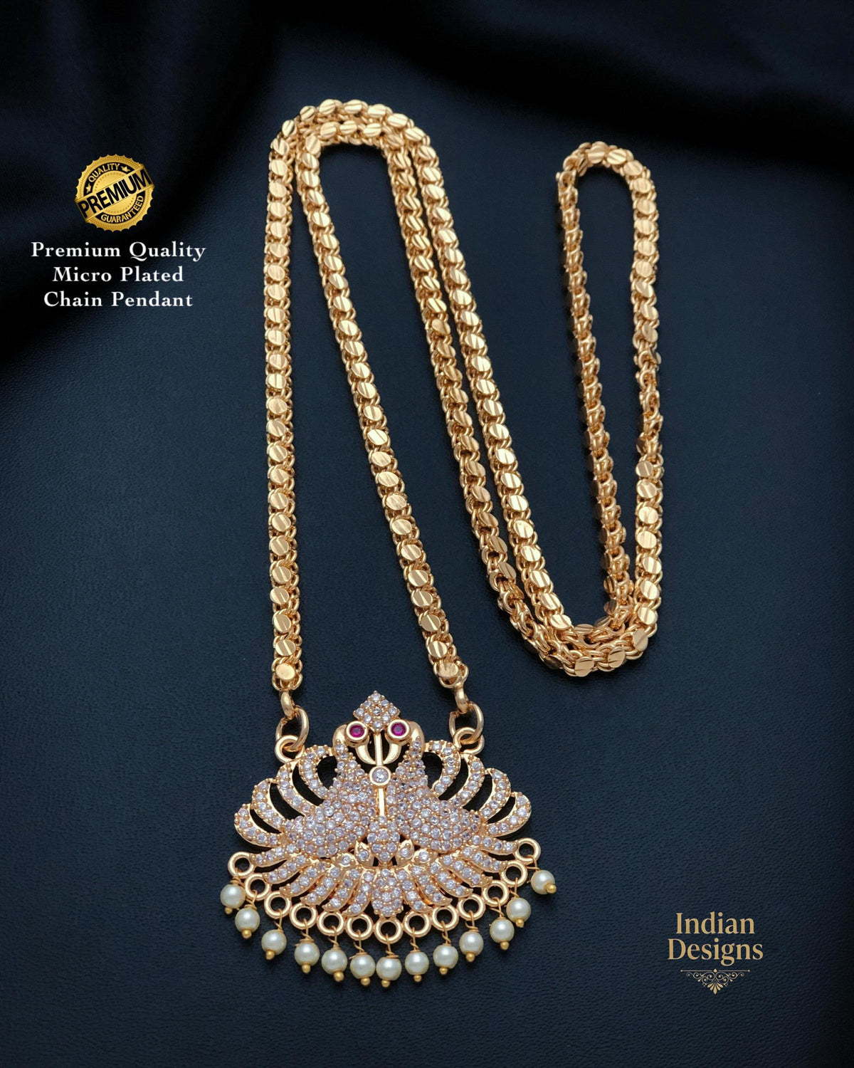Gold Plated Peacock Pendant Necklace| CZ Ruby South Indian Temple Jewelry Chain| Festive Wear Bridal Wedding Gift for Her|Statement necklace