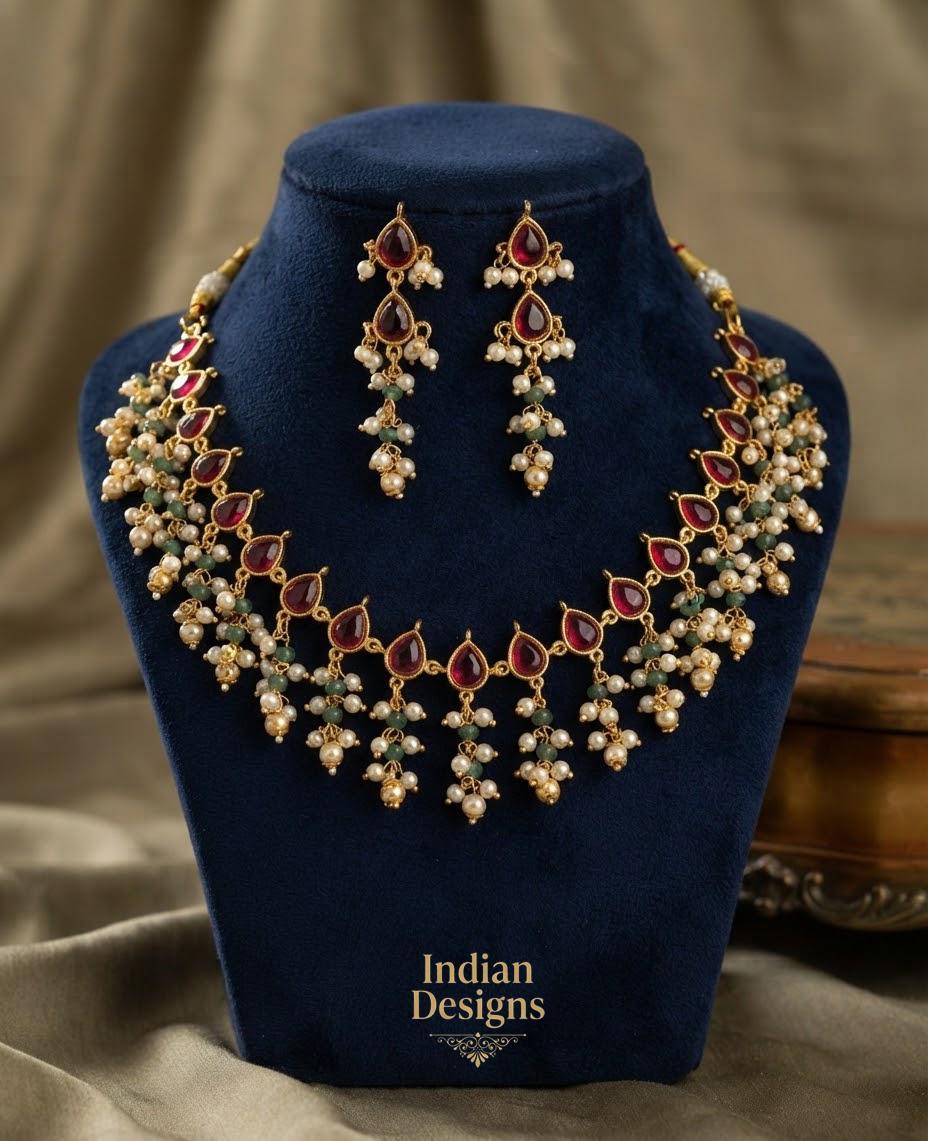 South Indian Guttapusalu Pearl Choker Necklace| Wedding Festive Saree Jewelry| Ruby Green Temple Jewelry| Gift for her