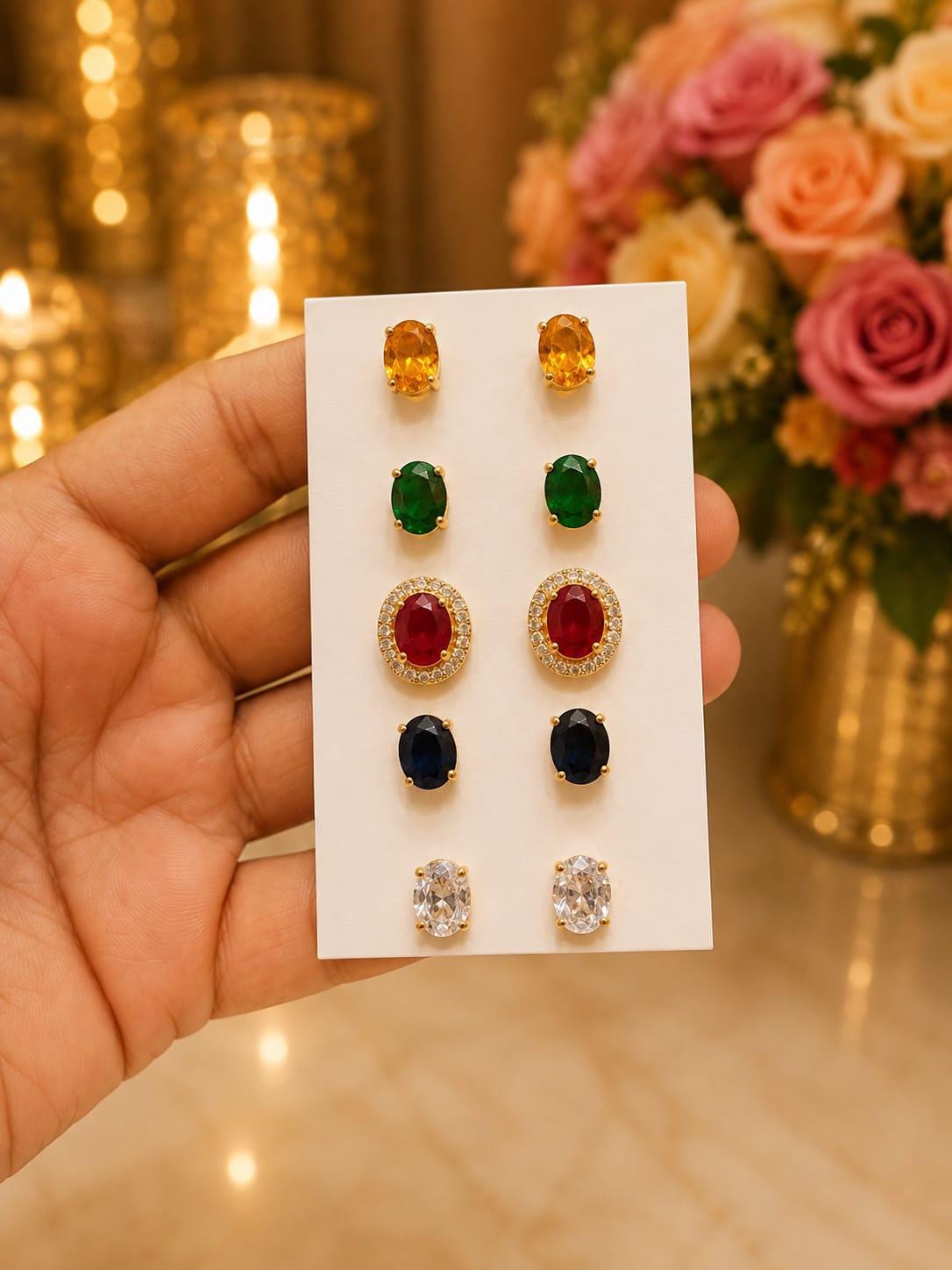5 Pairs Gold Tone Stud Earrings Set| Changeable Multicolor CZ American Diamond Studs| Dainty Indian Ethnic Everyday Jewelry| Gift for her