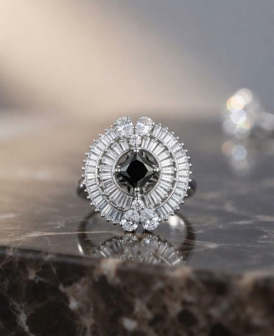 Silver Tone Cocktail Ring| Indian Statement Ring| Baguette CZ Sunburst Ring| Big Ethnic Party Ring| South Asian Wedding Guest Jewelry