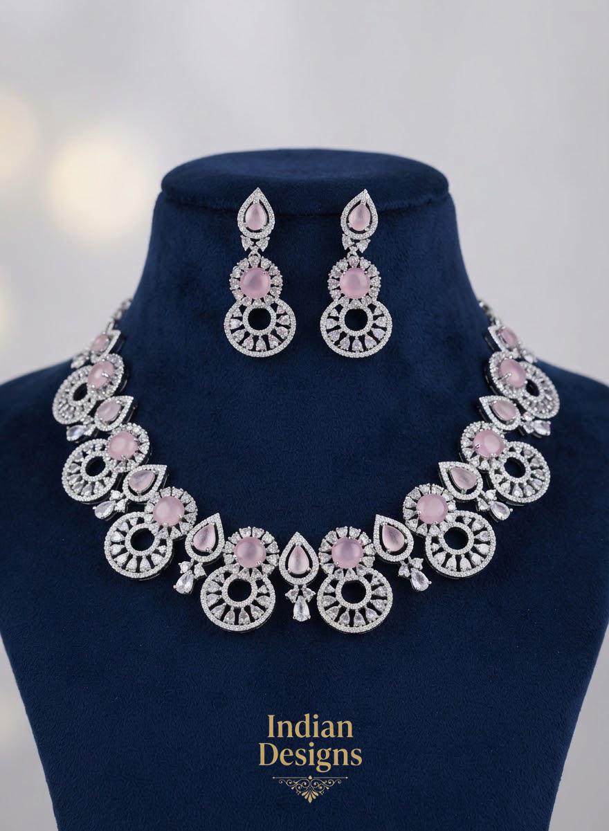 CZ Necklace Set Indian Bridal Jewelry| American Diamond Choker necklace| Statement necklace| AD stone silver Indian jewelry| Gif t for her