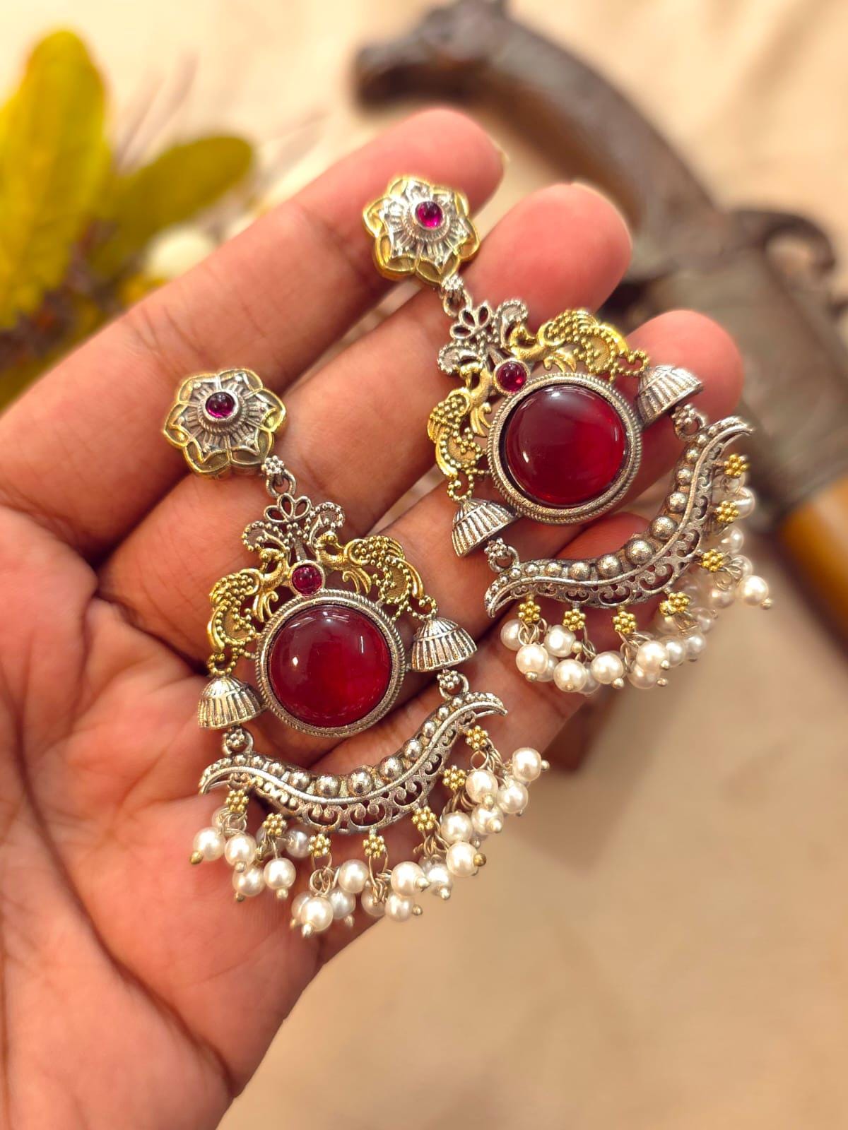Dual tone Oxidized Silver Earrings| Indian Chandbali Earrings| Statement Earrings| Bollywood Style Earrings