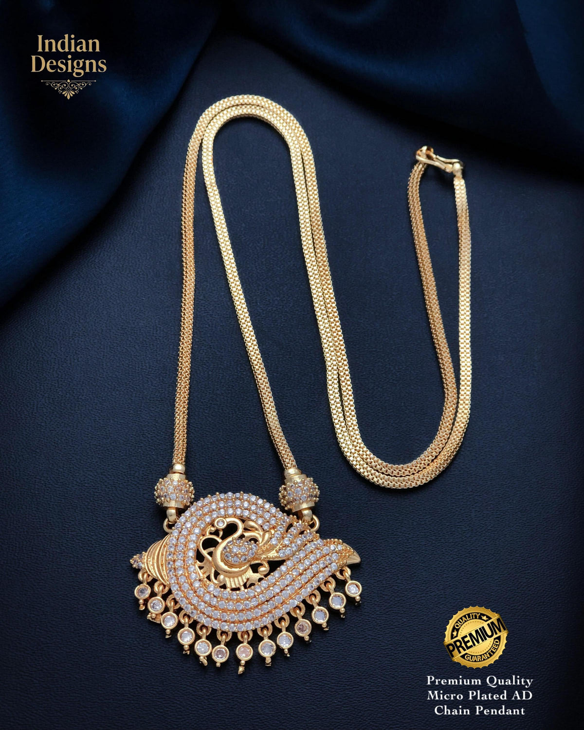 Indian Gold Plated Peacock Pendant Chain Necklace| South Indian AD Stone Temple Jewelry| Bridal Ethnic Necklace for Women| Gift for her