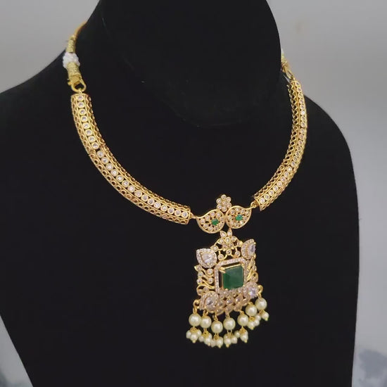 raditional Indian Bridal Necklace and Earrings Set with Emerald Accents and Pearl Embellishments | Indian Jewelry Bollywood | Gift for her