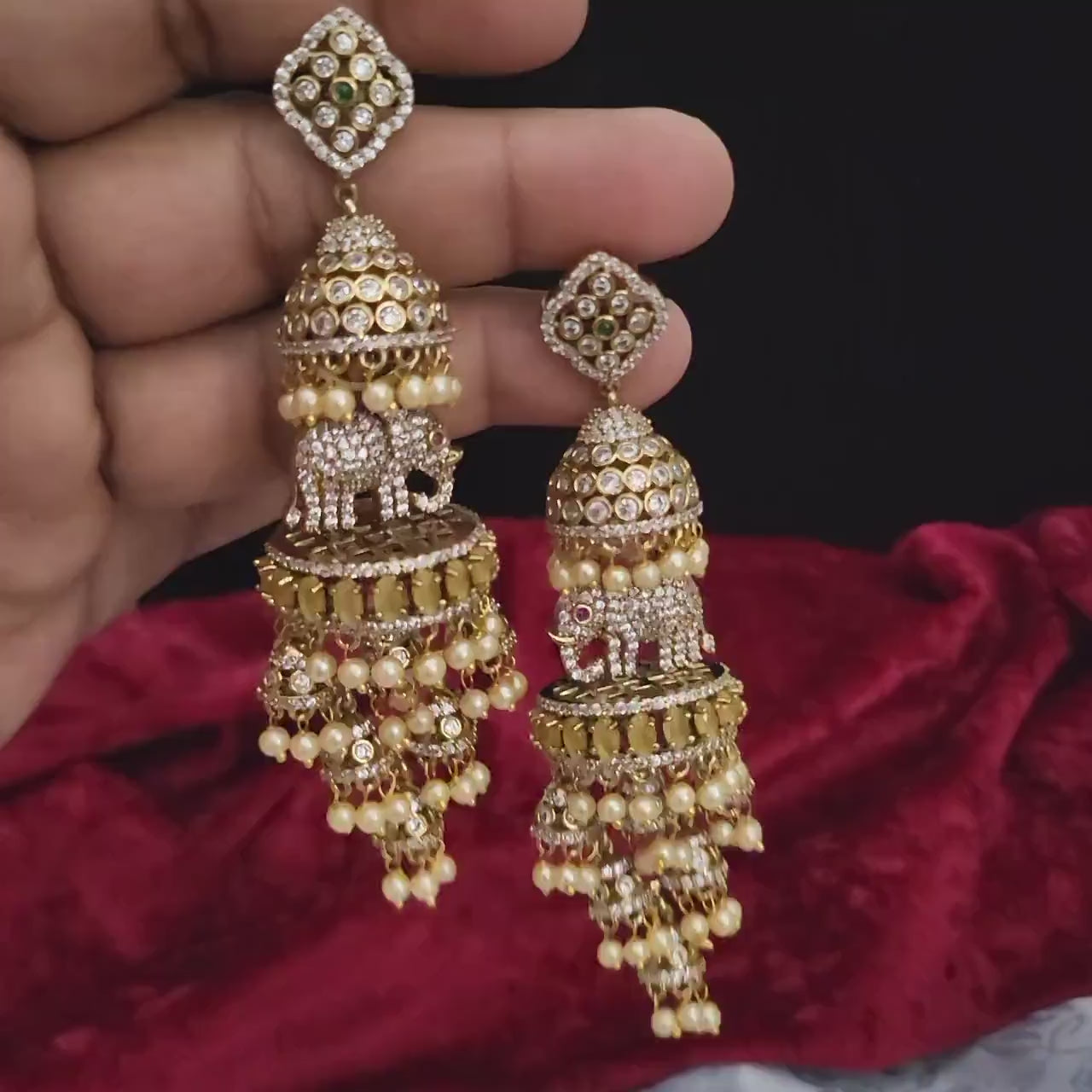 Matte Gold Wedding bridal Pearl jhumka set | American Diamond  Multi step Indian/Pakistani Jhumki Designs | Long Dangle Pearl drop Earrings