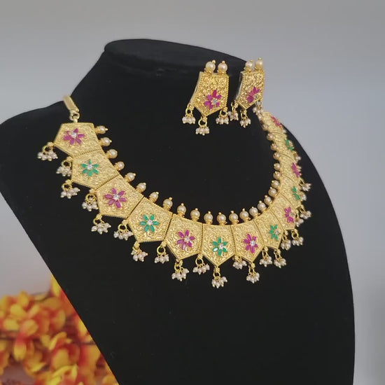 Matte Gold Finish AD stone Necklace Earring set|South indian wedding Temple Necklace |Gold plated American Diamond Ruby & emerald choker set