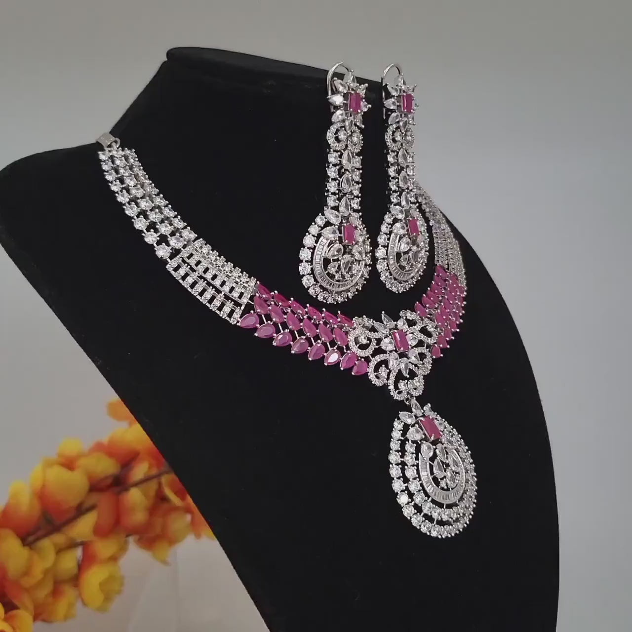 Exclusive Silver Polish American Diamond Collar necklace Earring set| Ruby Topaz AD stone necklace sets| CZ Diamond jewelry | Gift for her