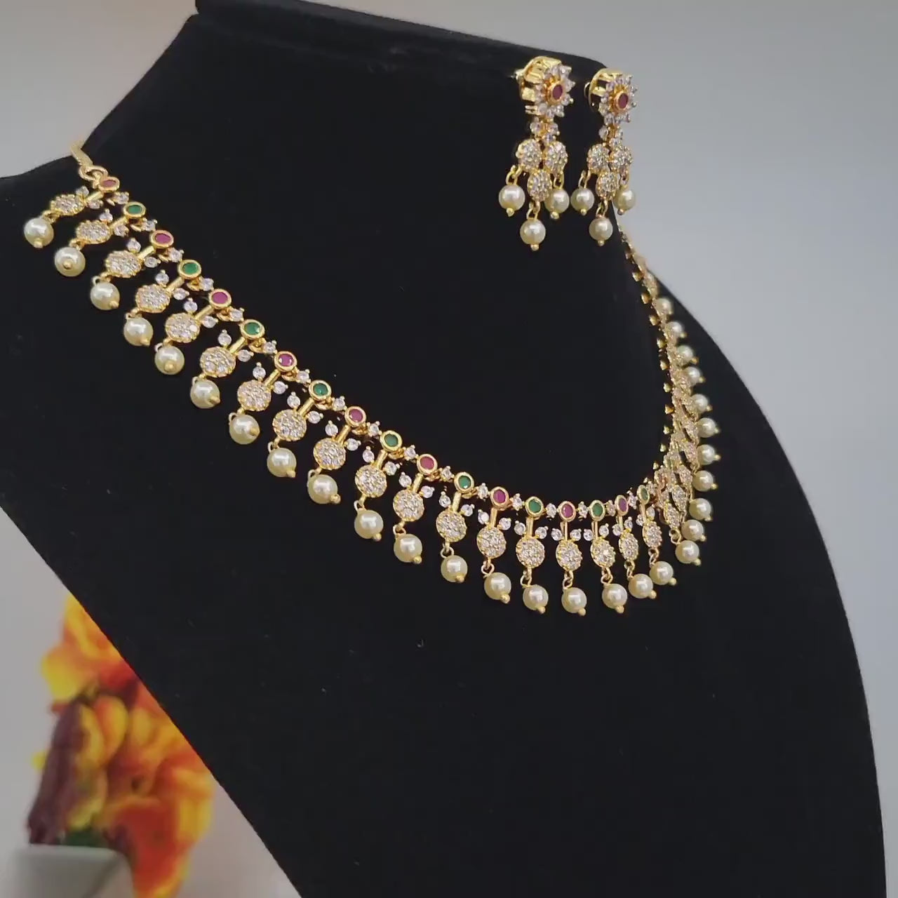 Gold Plated American diamond necklace set with Pearl Drop| Trendy South Indian style Fashion Jewelry| One gram gold CZ AD necklace Earrings