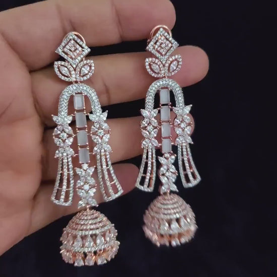Rose Gold American Diamond Jhumka Earrings | AD Chandelier Long Jhumka earrings | Indian/Punjabi Jhumka | Pakistani Earrings| Gift for her