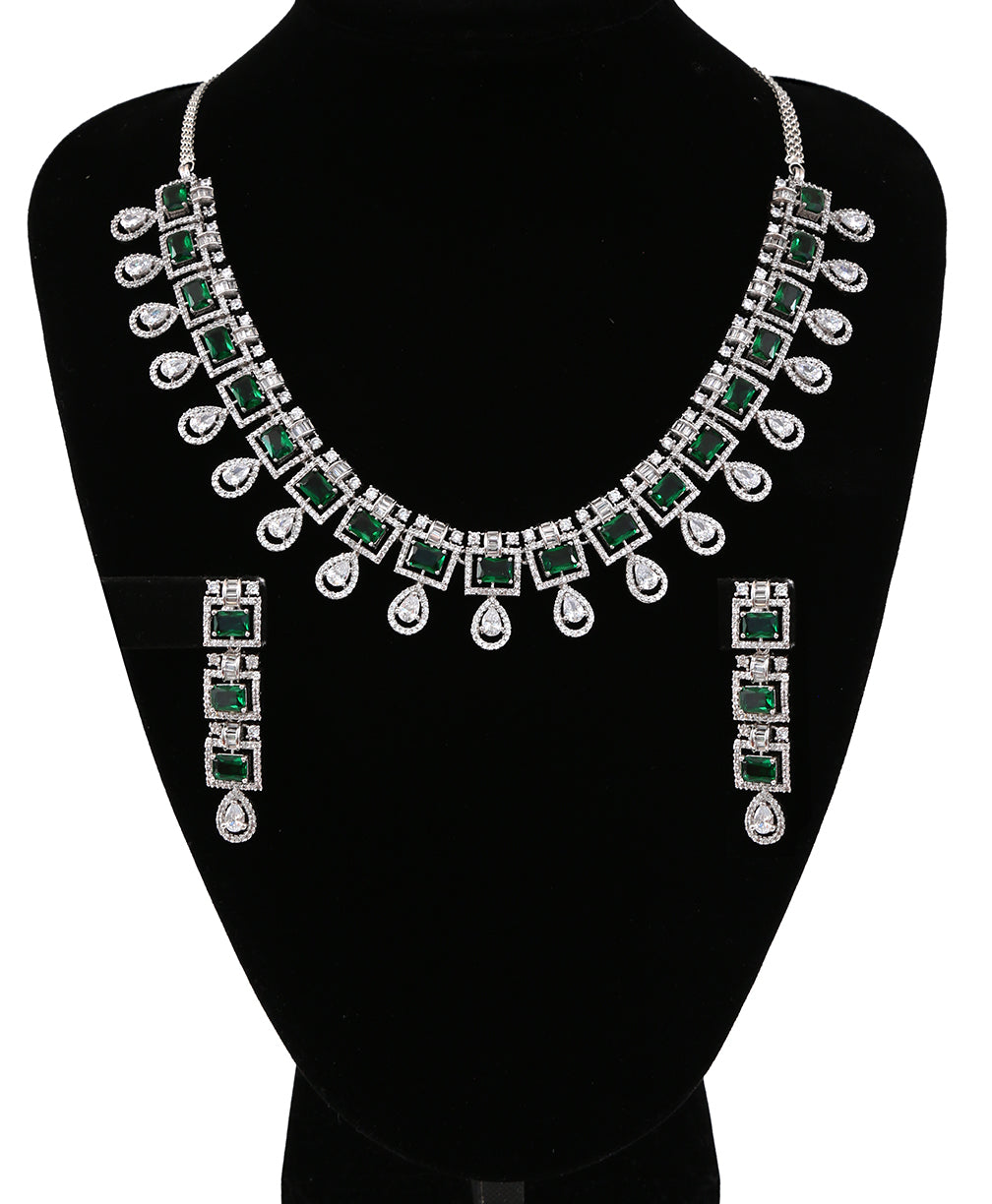 Zircon Stones and CZ Diamond Rhodium Plated Jewelry Set| Clear Teardrop Choker Necklace|Wedding Necklace and Earrings Set