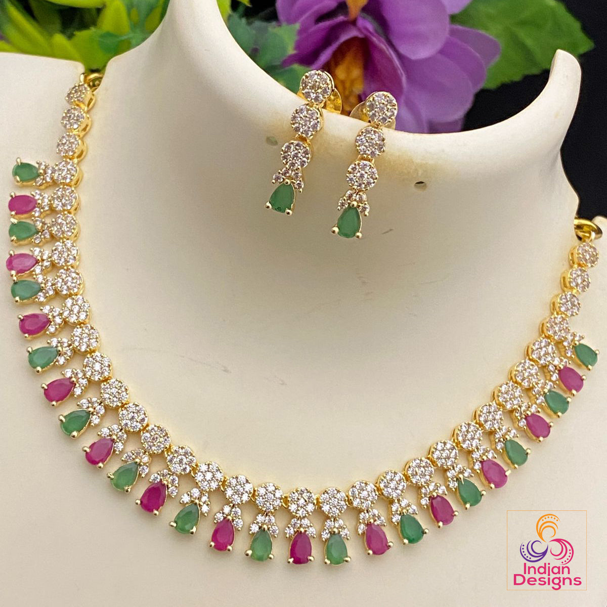 Gold Plated American diamond necklace set | CZ Emerald stone cute necklace set