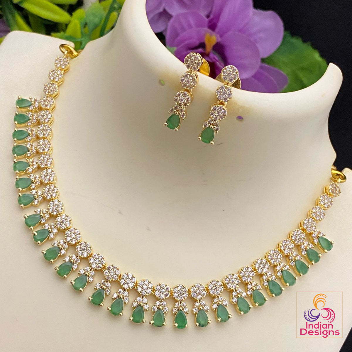 Gold Plated American diamond necklace set | CZ Emerald stone cute necklace set