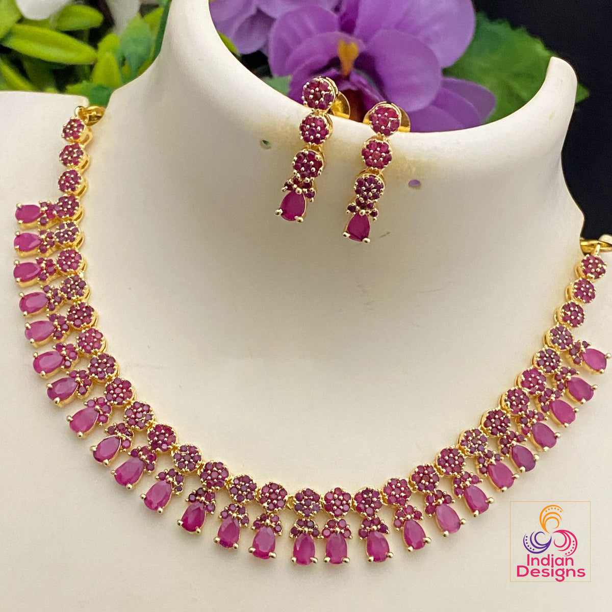 Gold Plated American diamond necklace set | CZ Emerald stone cute necklace set