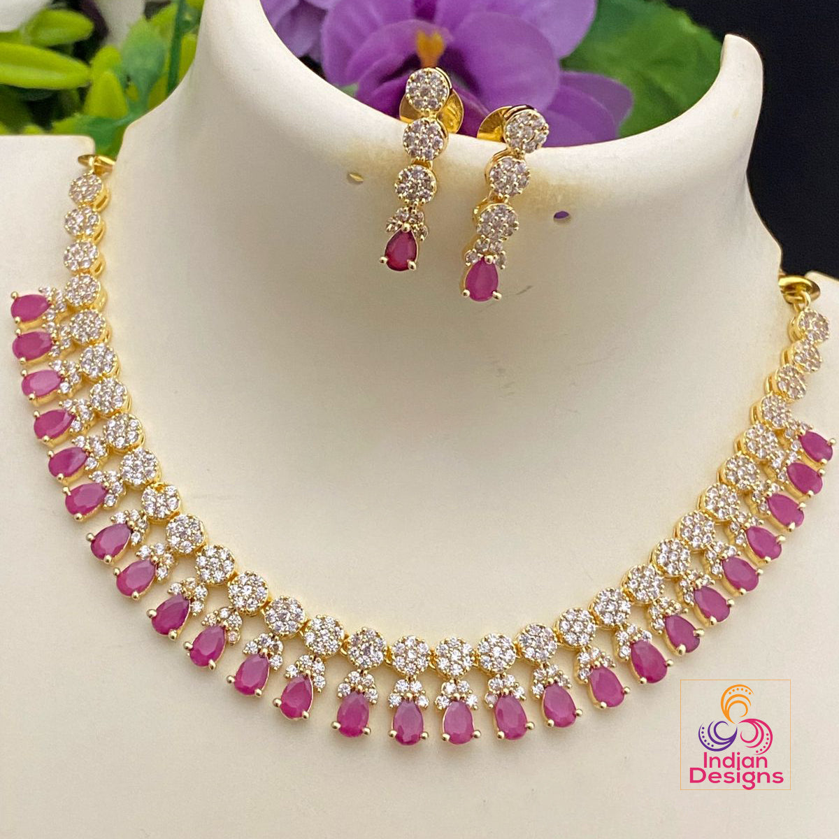 Gold Plated American diamond necklace set | CZ Emerald stone cute necklace set