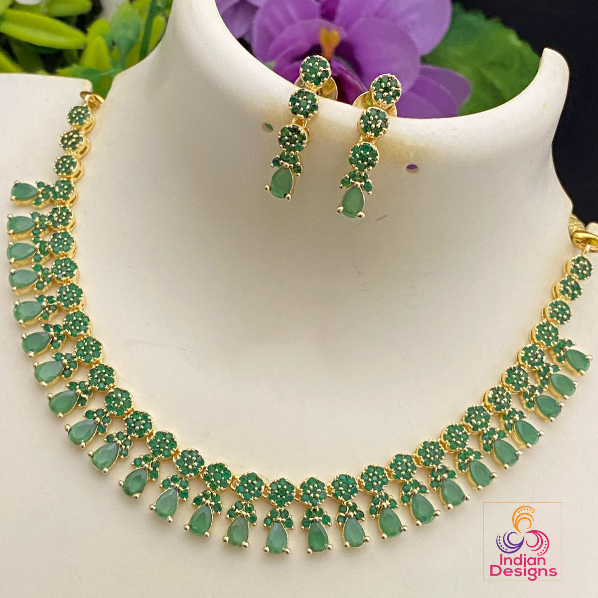Gold Plated American diamond necklace set | CZ Emerald stone cute necklace set