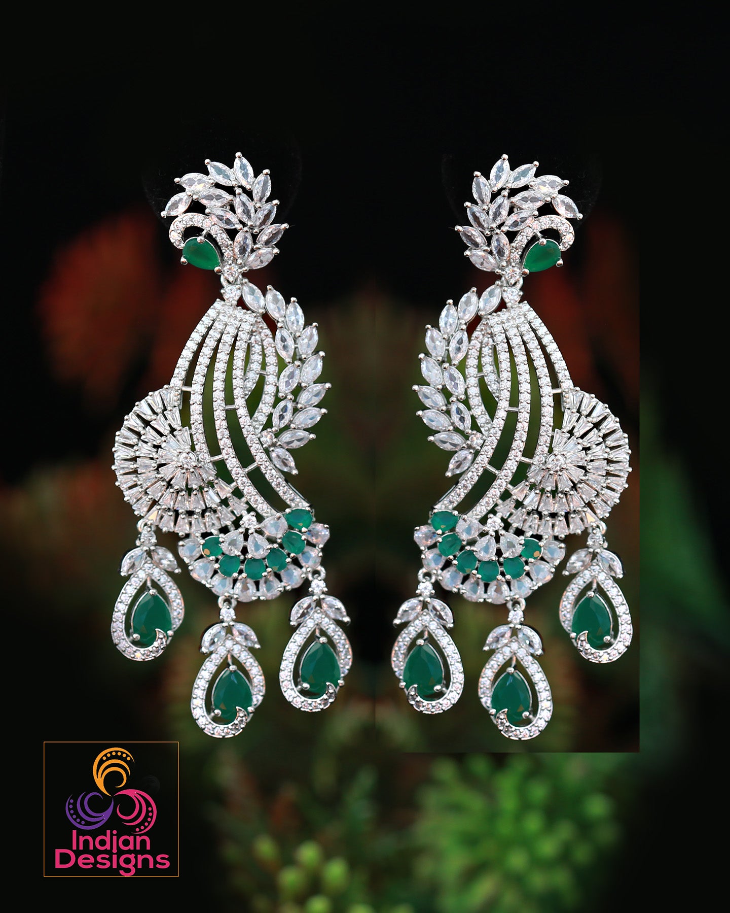 American diamond earrings in silver | CZ Pink Mint Green Diamond Peacock Earrings