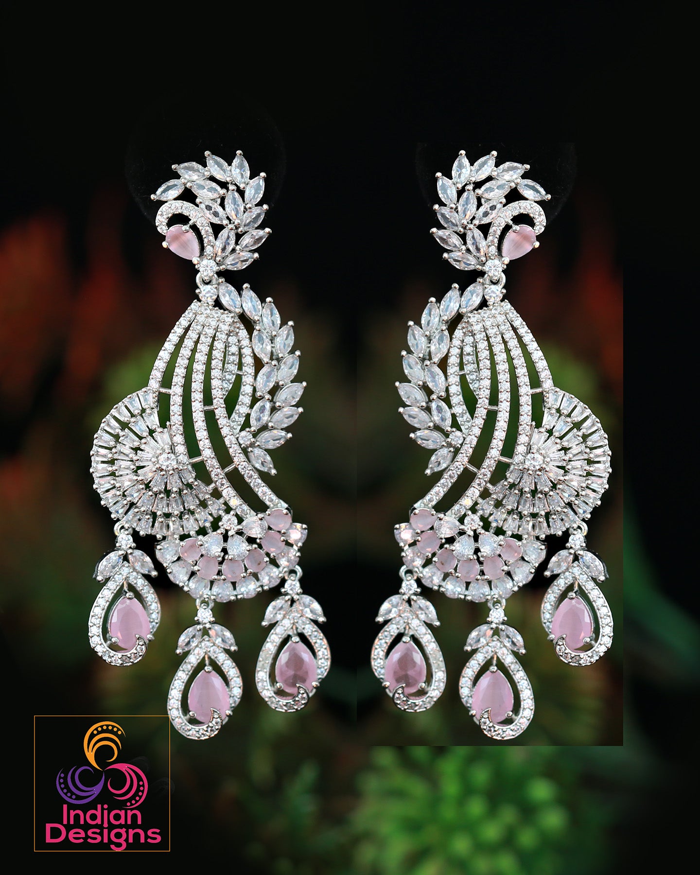 American diamond earrings in silver | CZ Pink Mint Green Diamond Peacock Earrings