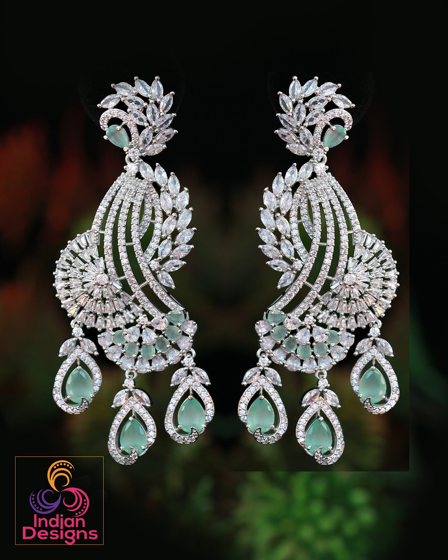 American diamond earrings in silver | CZ Pink Mint Green Diamond Peacock Earrings