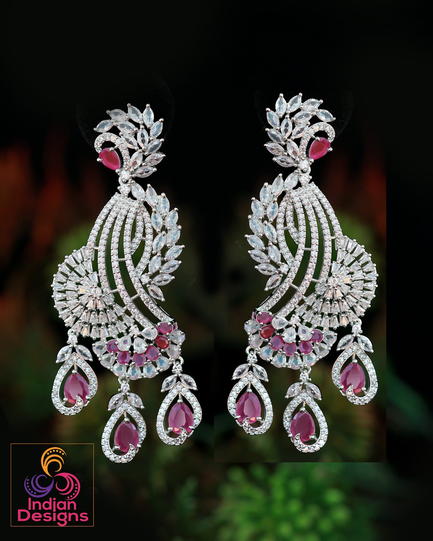 American diamond earrings in silver | CZ Pink Mint Green Diamond Peacock Earrings