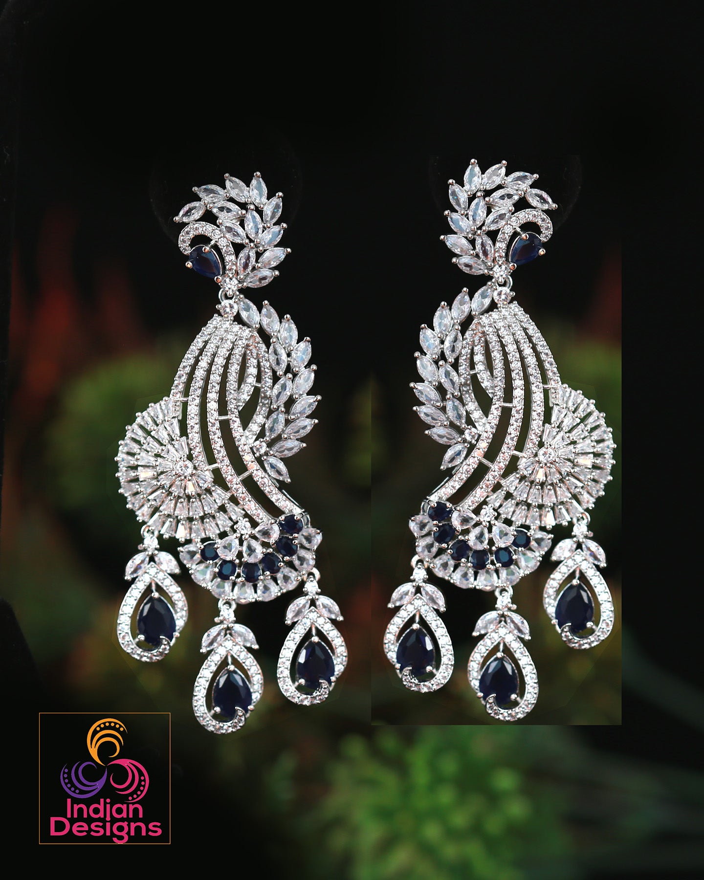 American diamond earrings in silver | CZ Pink Mint Green Diamond Peacock Earrings