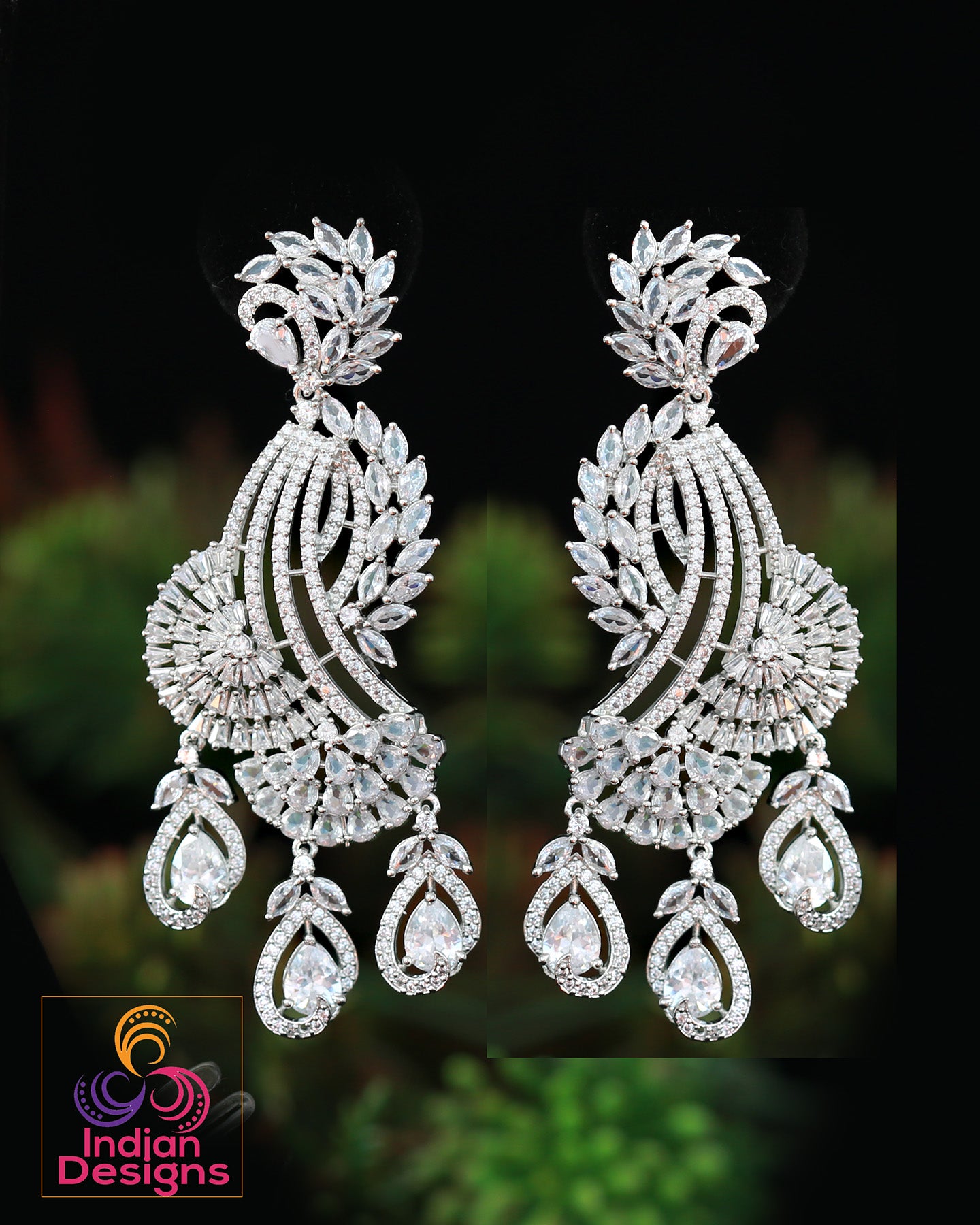 American diamond earrings in silver | CZ Pink Mint Green Diamond Peacock Earrings