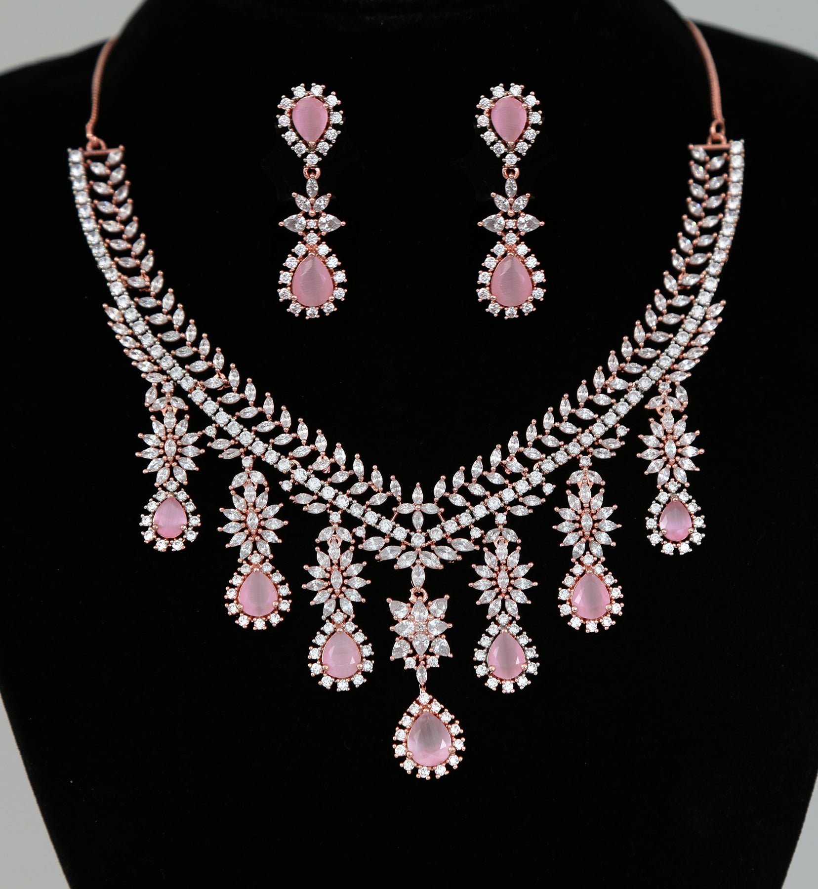 Rose Gold CZ Pink Stones Necklace - Statement jewelry American Diamond  Jewelry for Indian and Pakistani Bridal, Bollywood and Indian Wedding