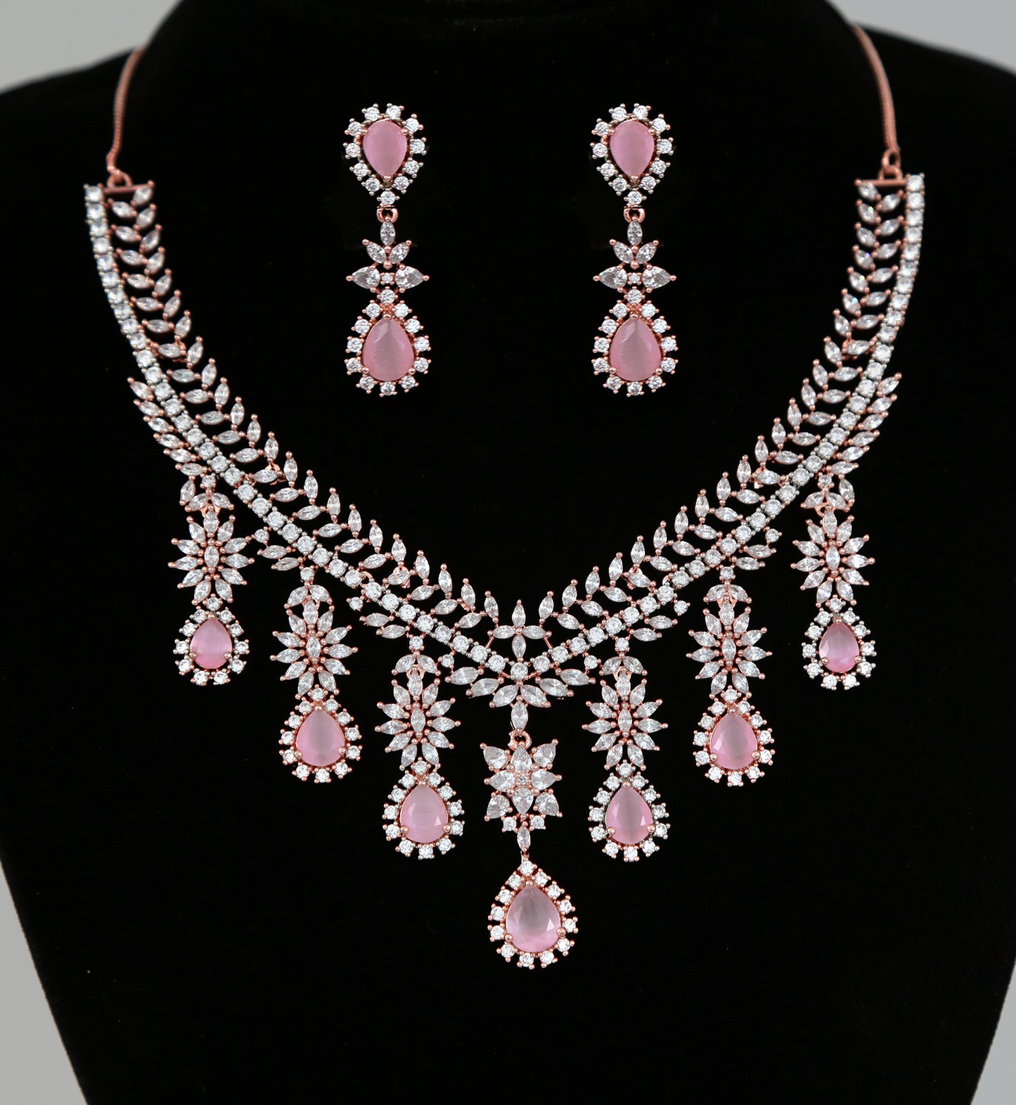 Rose Gold CZ Pink Stones Necklace - Statement jewelry American Diamond Jewelry for Indian and Pakistani Bridal, Bollywood and Indian Wedding
