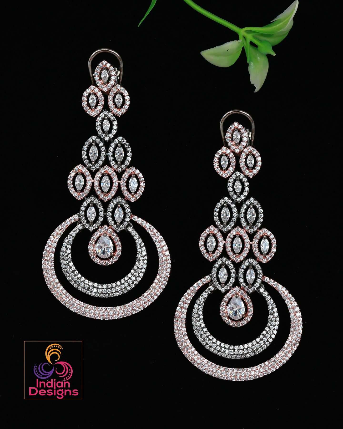 Dual tone American Diamond Dangle Drop Earrings | Rose gold & Oxidized Chandelier Earrings