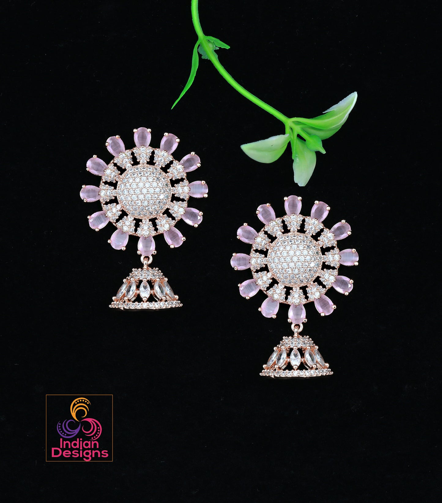 Rose Gold American Diamond Designer Earrings with Small Jhumka Drop