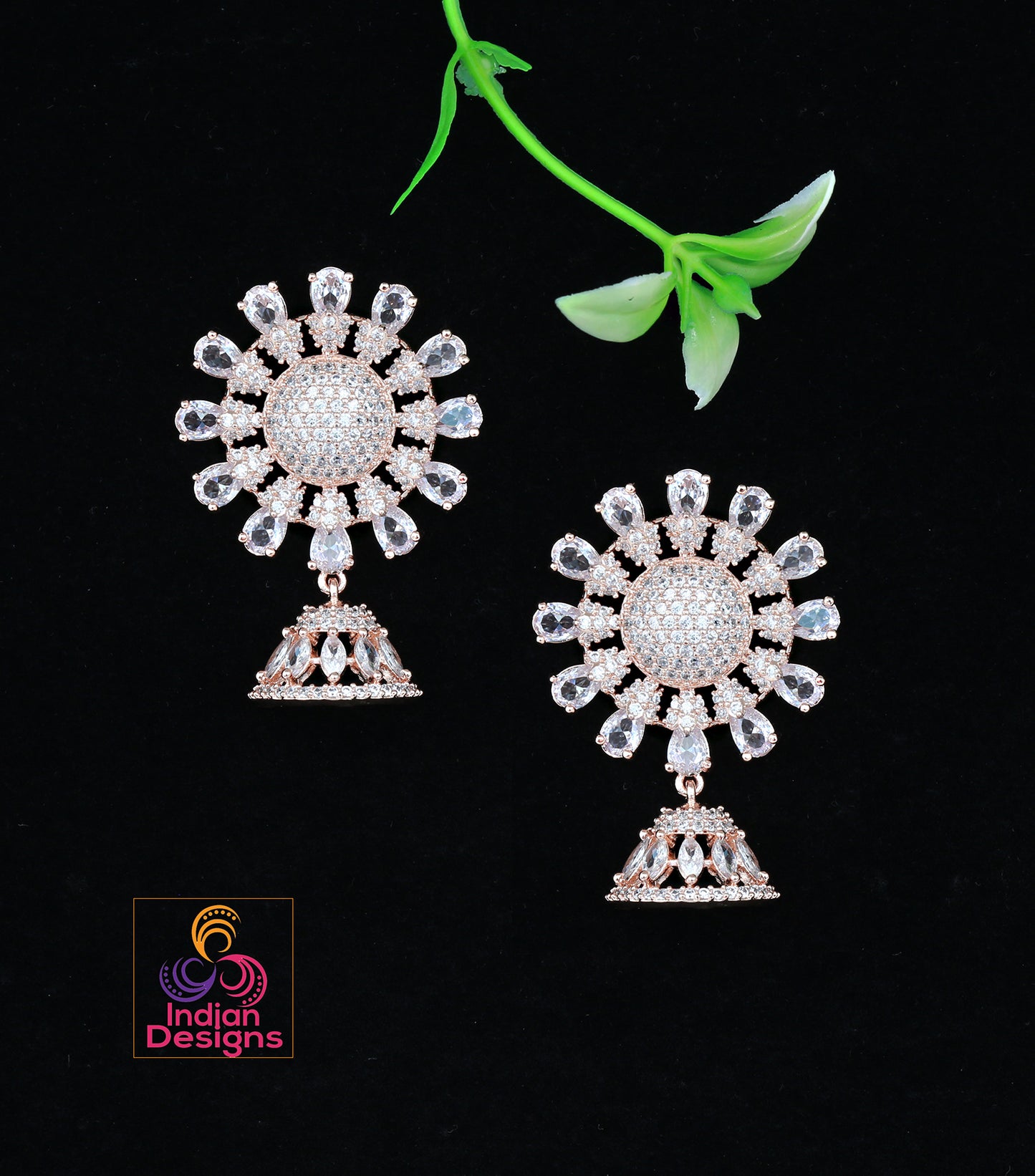 Rose Gold American Diamond Designer Earrings with Small Jhumka Drop