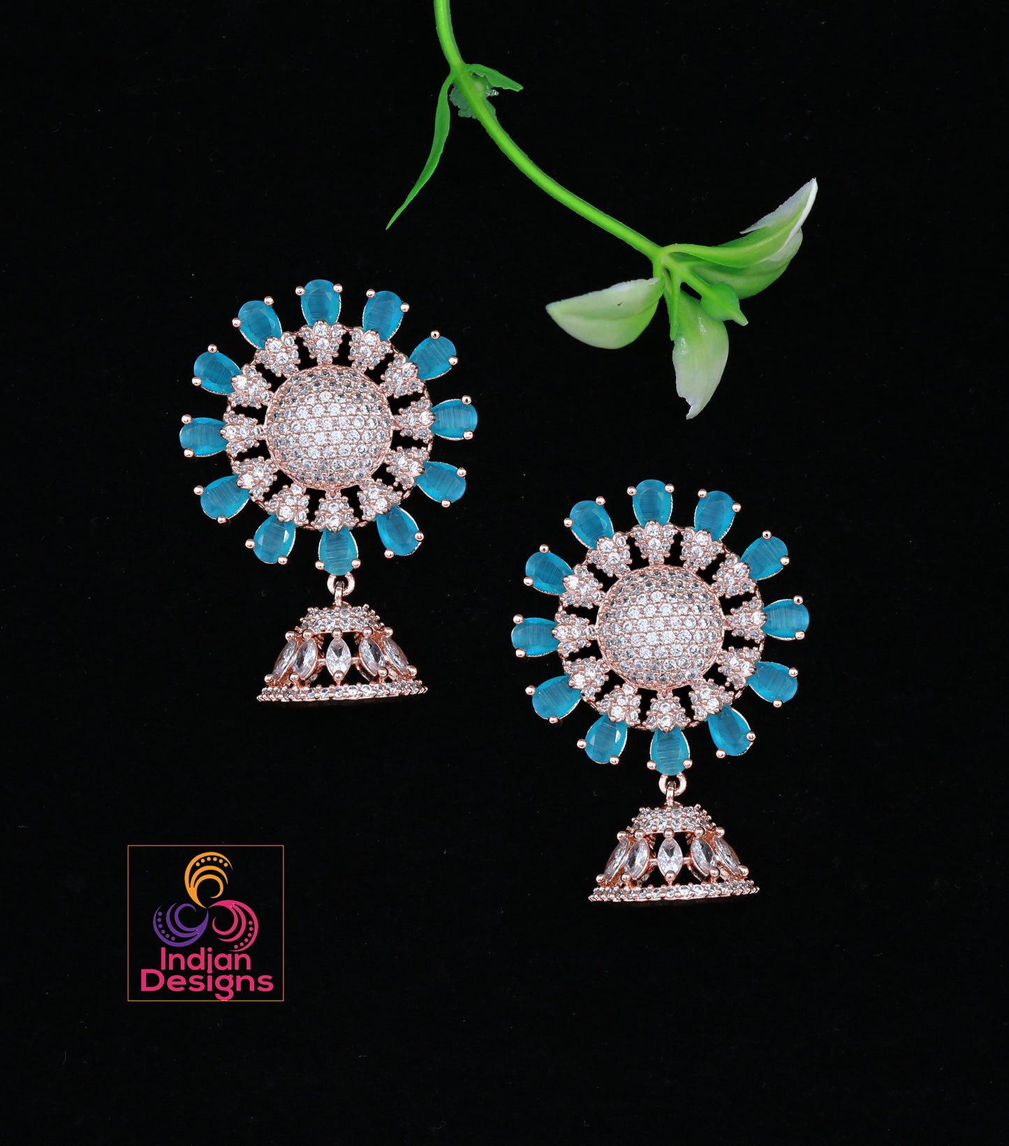 Rose Gold American Diamond Designer Earrings with Small Jhumka Drop
