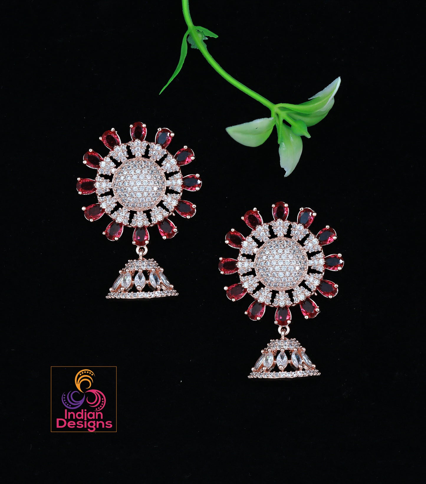 Rose Gold American Diamond Designer Earrings with Small Jhumka Drop