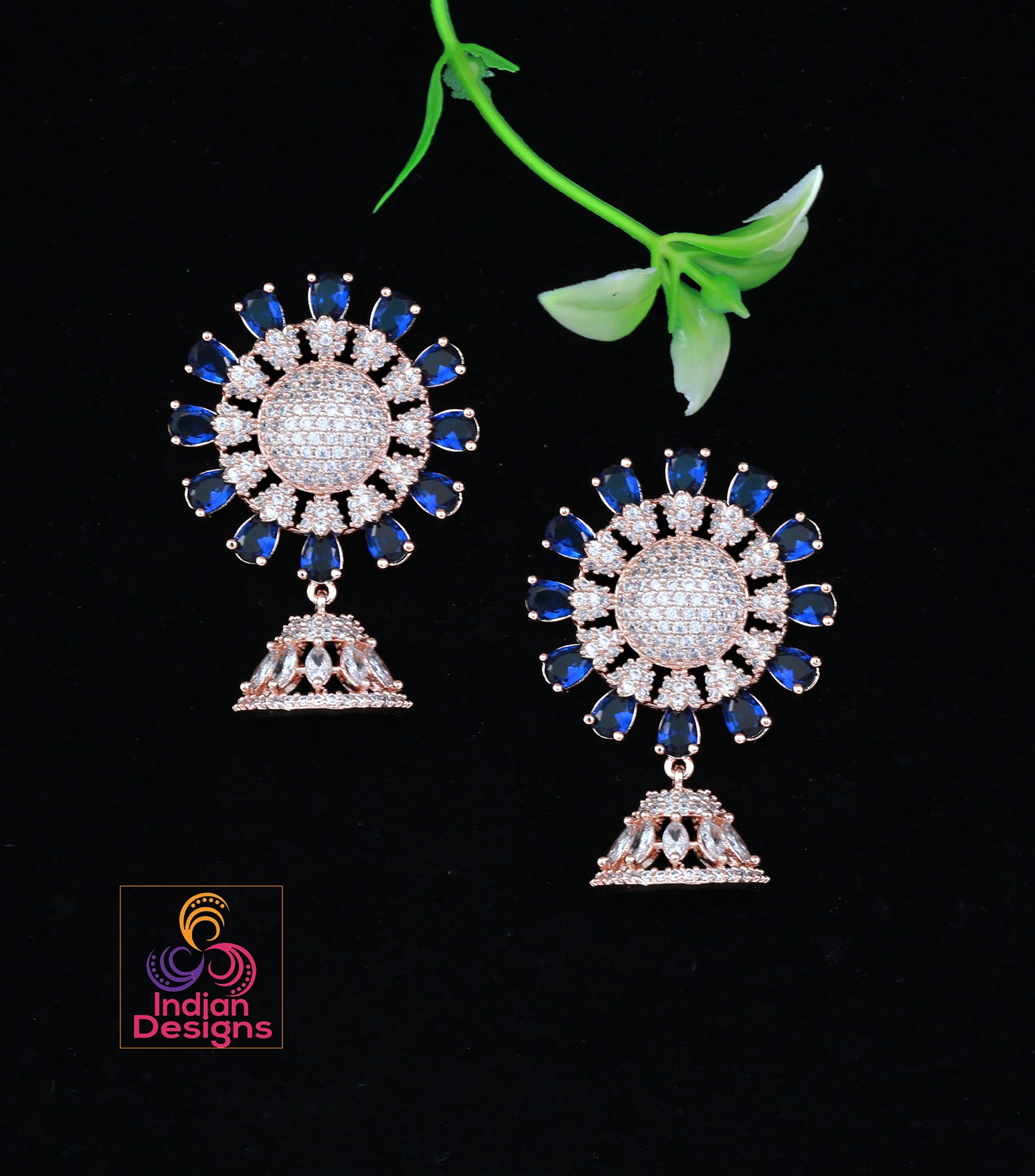 Rose Gold American Diamond Designer Earrings with Small Jhumka Drop