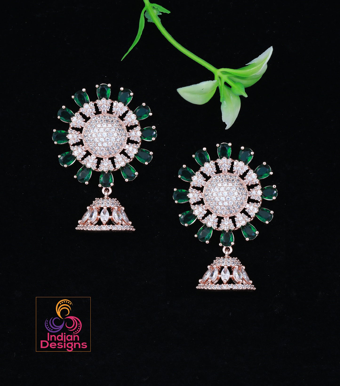 Rose Gold American Diamond Designer Earrings with Small Jhumka Drop