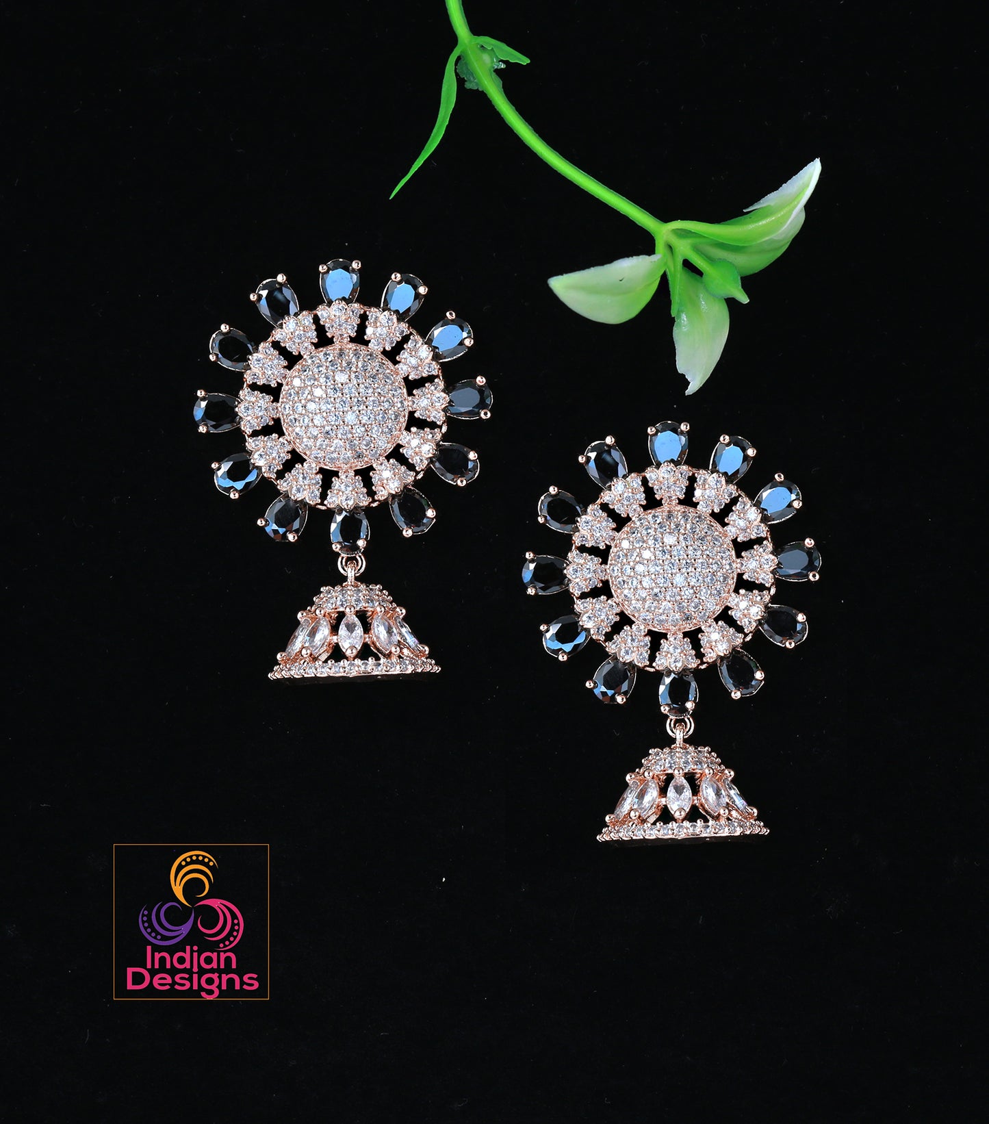 Rose Gold American Diamond Designer Earrings with Small Jhumka Drop