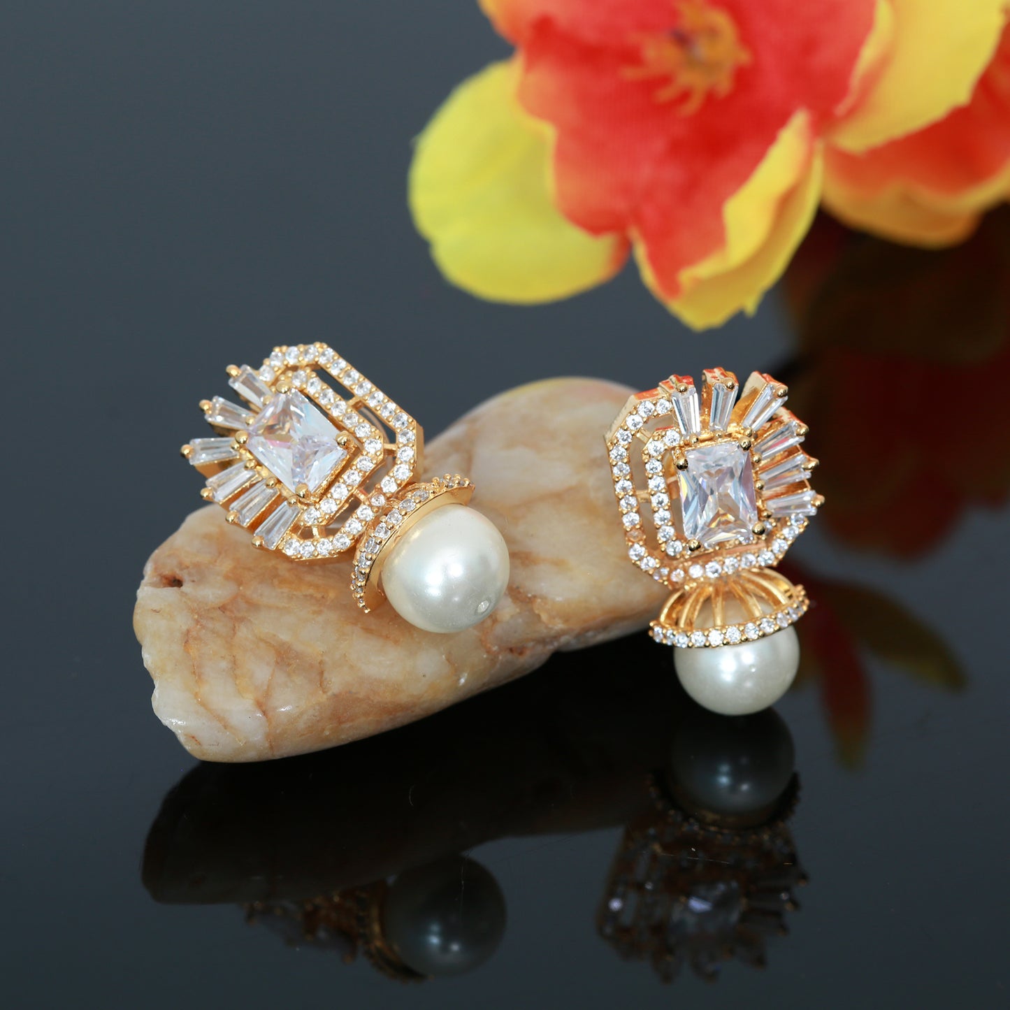 Silver CZ stud Earrings for women | 14K Gold Zirconia pearl studs