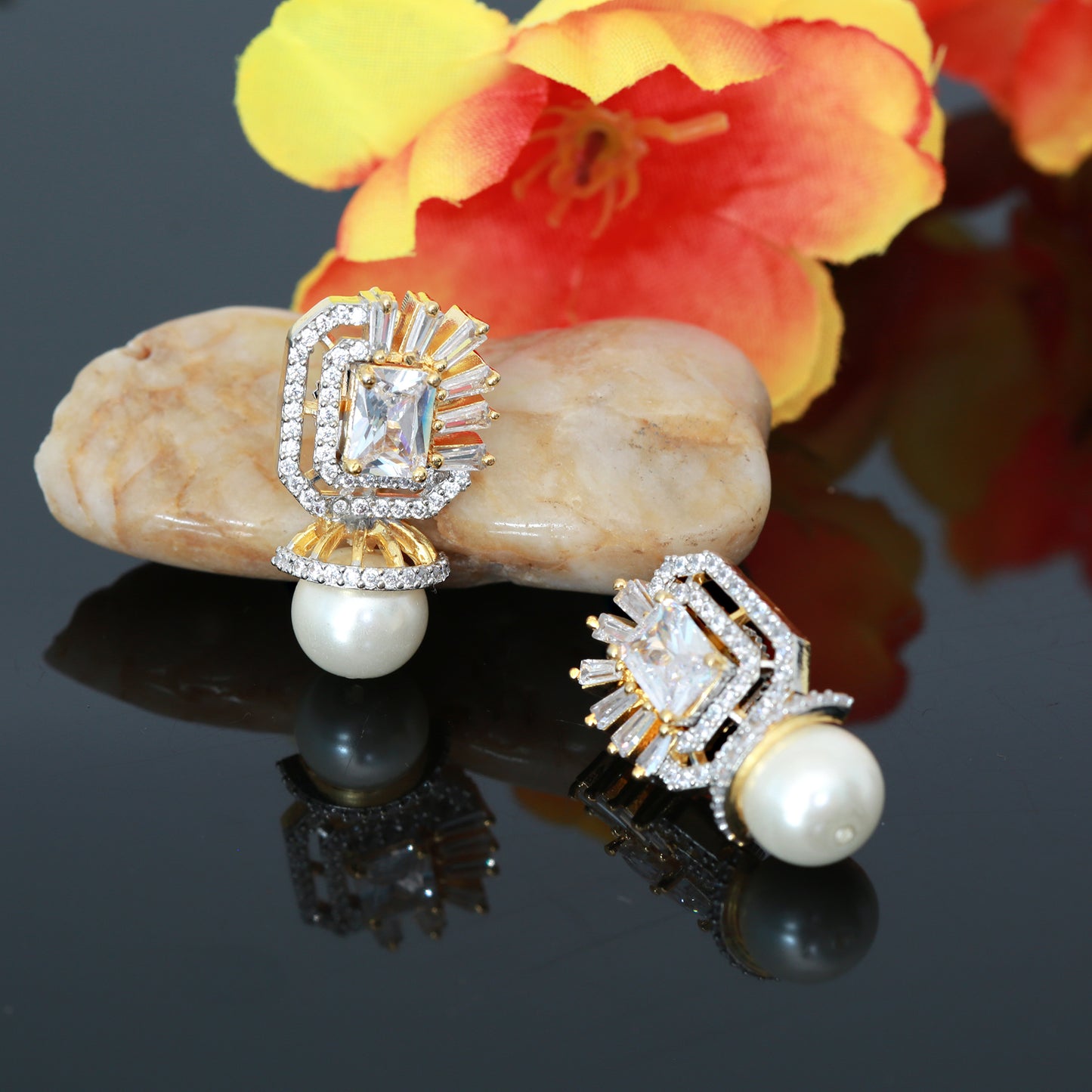 Silver CZ stud Earrings for women | 14K Gold Zirconia pearl studs