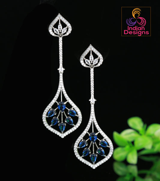 Minimalist Silver drop dangle earrings | Rose-Gold Luxury look CZ Diamond crystal Long Drop Earrings