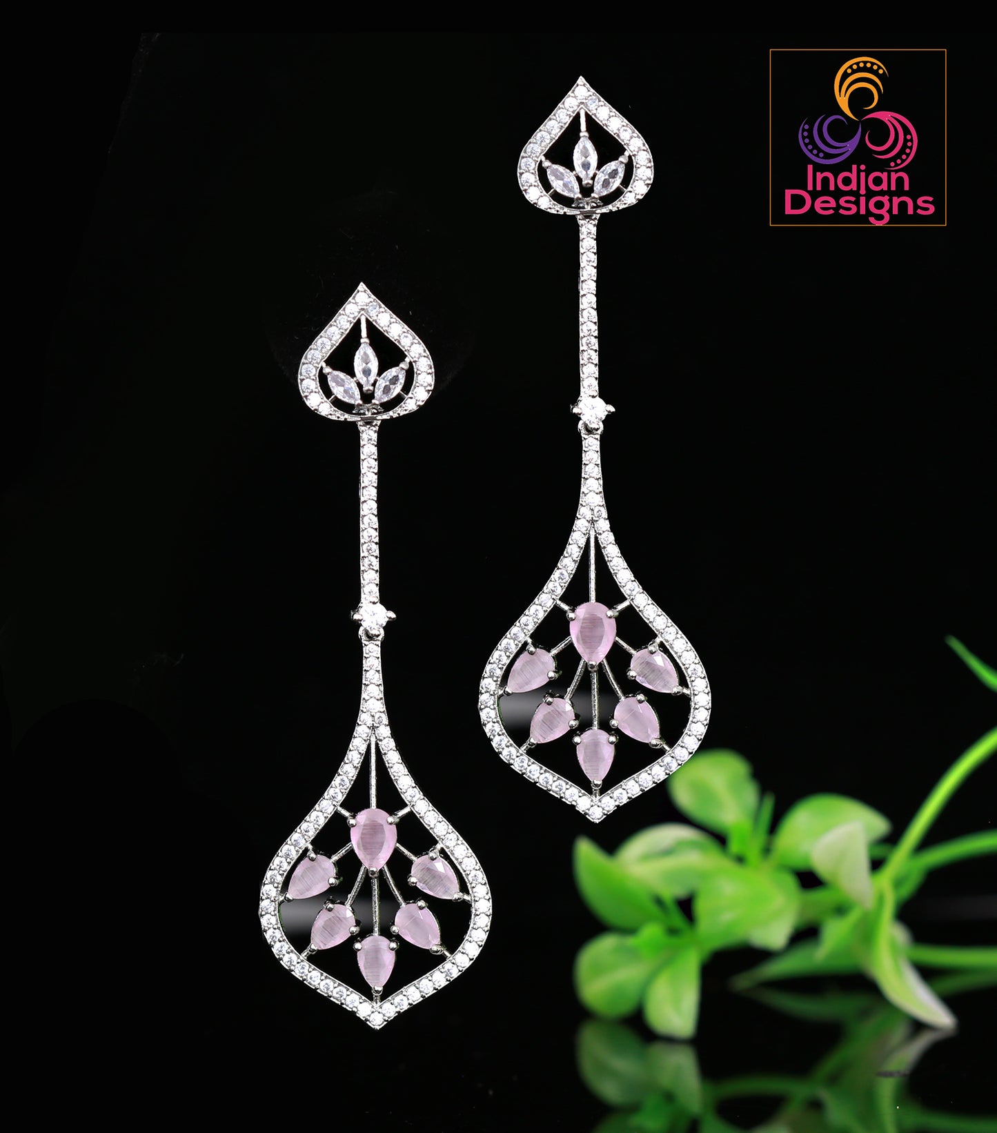 Minimalist Silver drop dangle earrings | Rose-Gold Luxury look CZ Diamond crystal Long Drop Earrings