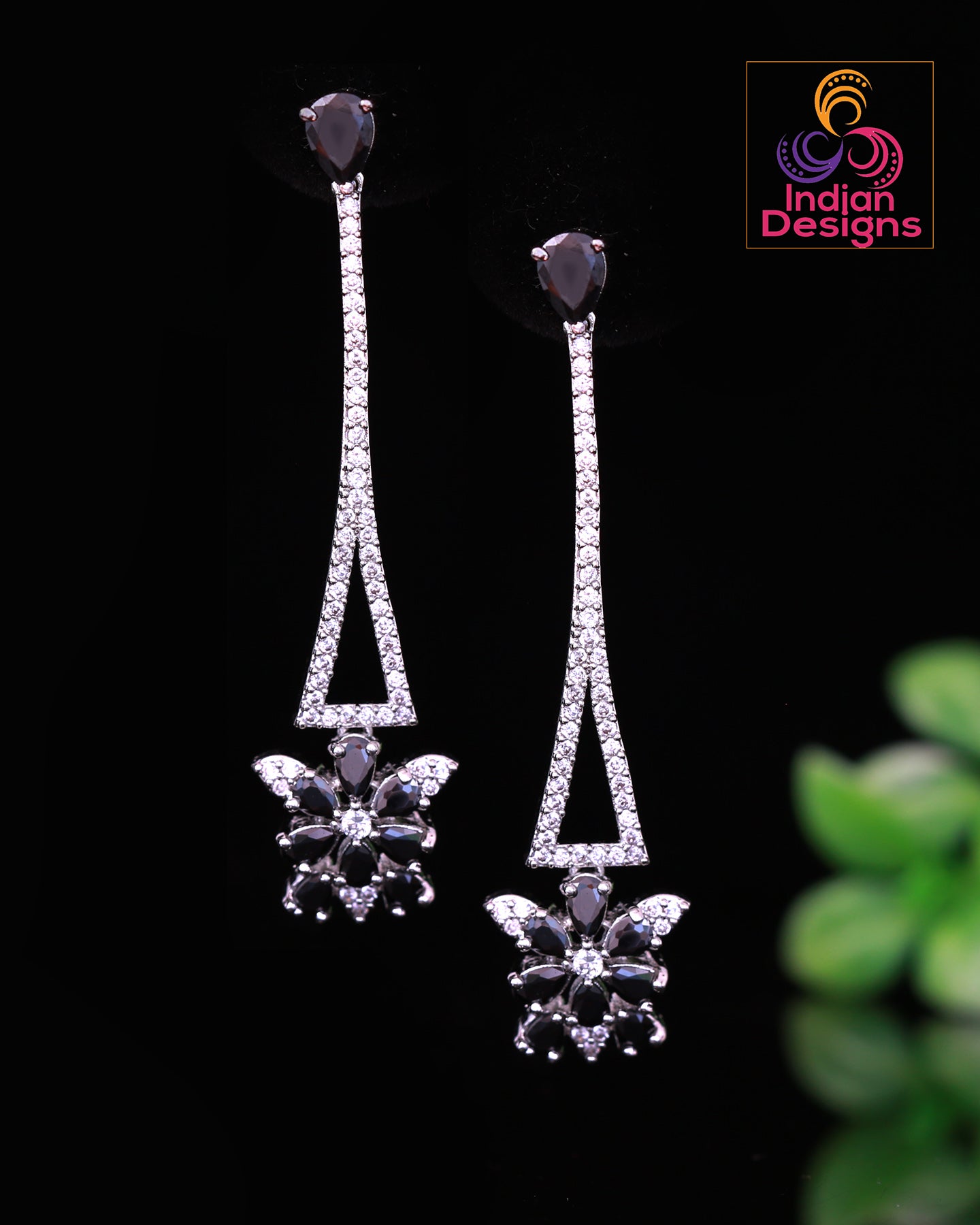 American Diamond CZ crystal Long Minimalist Floral Earrings