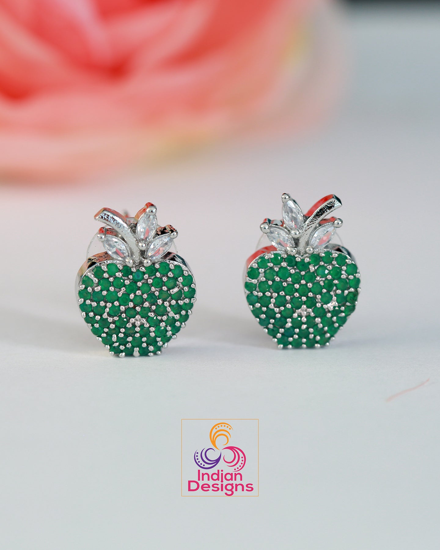 Silver Plated Apple shaped American Diamond CZ crystal Stud earrings