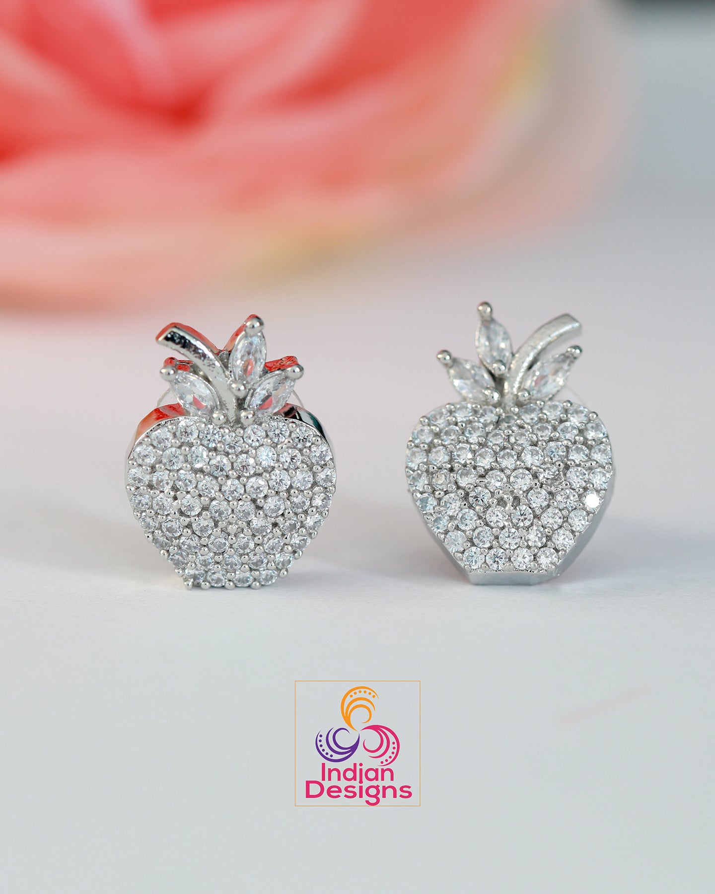 Silver Plated Apple shaped American Diamond CZ crystal Stud earrings